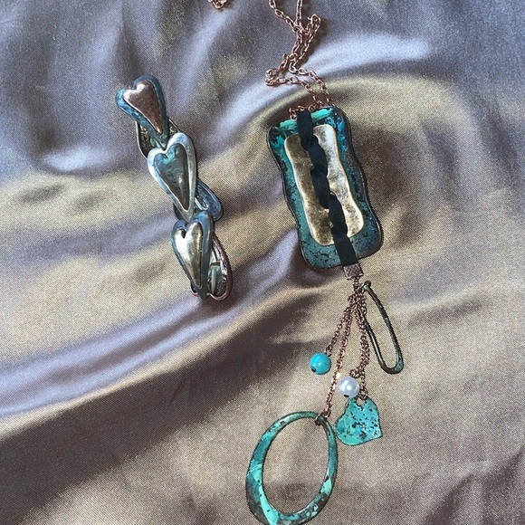 Artisan Patina Copper & Turquoise Bracelet & Necklace Set Mixed Metal Leather - Picture 11 of 12